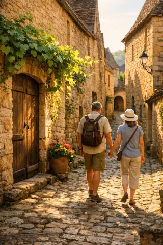 Medieval village street with blonde stone houses, a couple walking hand in hand in soft morning light, and vines hanging over a rustic doorway.
