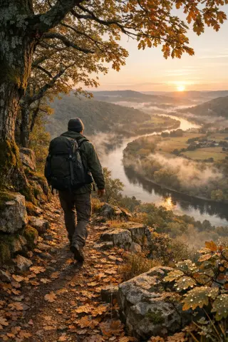 Misty sunrise over a bend in the Dordogne River with a solo hiker walking along a leafy forest trail in the autumn near Veyrignac.