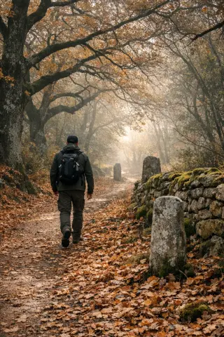 Solitary hiker on a leaf-covered path in an oak forest at dawn with autumn colors and natural light in the Périgord Noir.