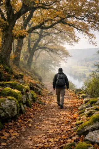 A lone hiker on a leaf-covered trail in an oak forest, soft morning mist and dappled sunlight highlighting autumn colors near the Dordogne valley.