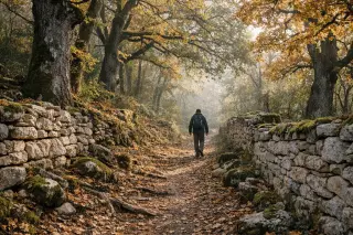 Solo hiker walking along a mossy, leaf-covered forest path in the Périgord Noir, surrounded by oaks and old stone walls on an early autumn morning.
