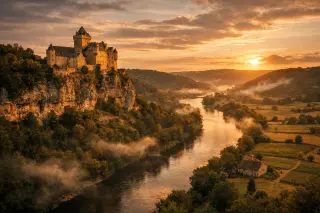 Medieval castle on a cliff above the Dordogne river at sunset, with golden stone walls, forest and farms in the background, no people visible.