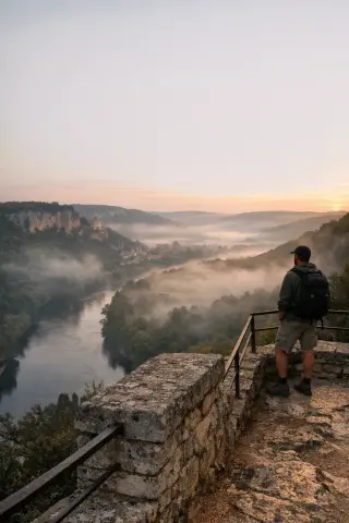 View over a misty Dordogne river bend from a high viewpoint at sunrise, with a hiker overlooking the valley, golden village rooftops visible in morning light.