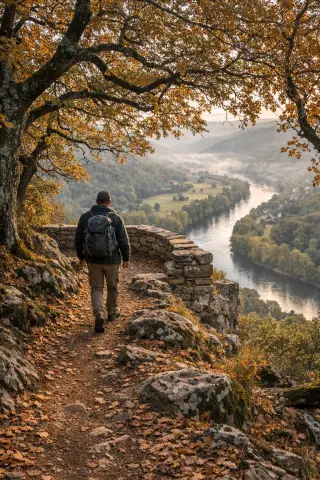 Solitary hiker on a forest path with autumn leaves, overlooking the misty Dordogne River from a stone viewpoint in the Périgord Noir.