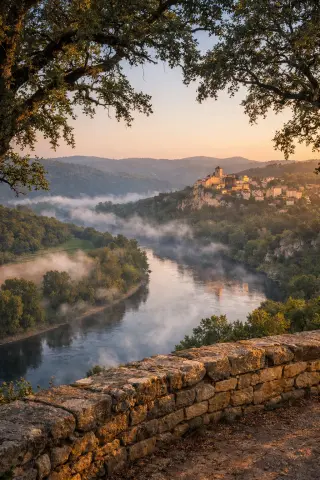 Dordogne river winding through misty valley at dawn, viewed from hillside belvedere, with distant golden-stone village and oak trees