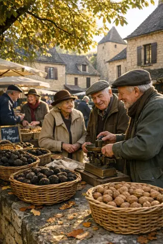 Truffle market in a Dordogne village square at sunrise with locals and stalls under chestnut trees, surrounded by blonde stone buildings.