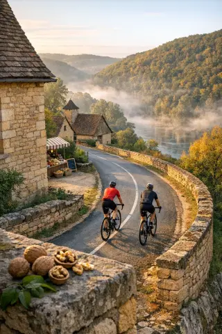 Two cyclists riding through a winding country road in the Dordogne at sunrise, bordered by stone walls, mist over the river, early autumn forests and typical Périgord farmhouses.