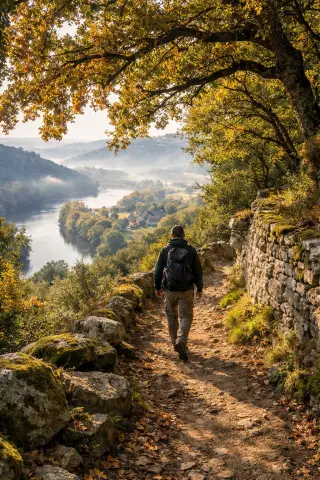 Hiker walking on a leaf-strewn forest path above the Dordogne river with golden autumn trees and stone walls, soft morning light and mist in the valley.