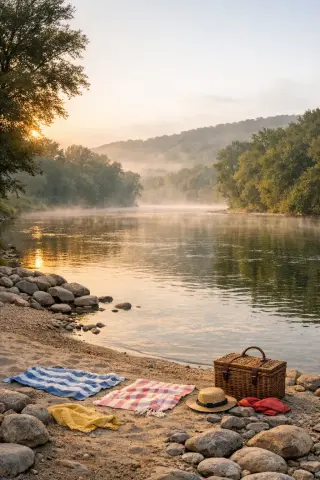 Family canoeing on the misty Dordogne River at dawn with green hills, forest, and Veyrignac’s stone buildings in the background.