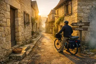 Cyclist stopped on a narrow blond stone lane in a medieval village at sunrise, surrounded by rustic buildings and soft morning light.