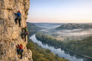 Family canoeing on a misty Dordogne river at sunrise, wooded hills and stone village bridge in the background