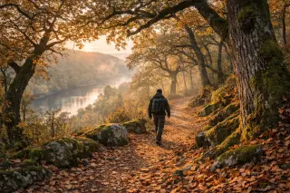 Lone hiker walking on a leaf-covered forest path at sunrise near Veyrignac, with soft golden light filtering through oak trees and the Dordogne river glimpsed in the background.