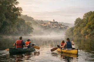 Family paddling canoes at dawn on the misty Dordogne River, with blonde stone village and lush green banks in the background.