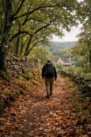Solitary hiker on a leaf-strewn woodland trail in dappled morning light, surrounded by oak trees and rustic stone walls in Périgord Noir.