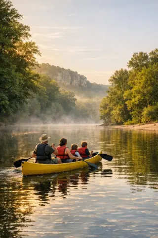 Family canoeing at dawn on the Dordogne river surrounded by mist and green forest, peaceful summer scene