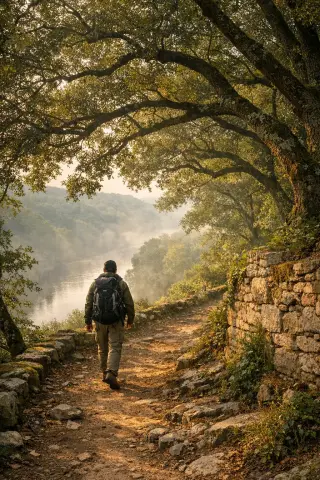 Walker with backpack on a forest trail overlooking the misty Dordogne river in the golden light of early morning, surrounded by oak trees and mossy stones.