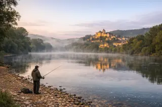 Fisherman standing alone on misty riverbank at dawn near Veyrignac, with Dordogne River curving gently through green landscape.
