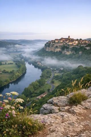 Dordogne river looping through misty valley below Domme's stone bastide, seen at sunrise from a high viewpoint, with wildflowers in foreground.