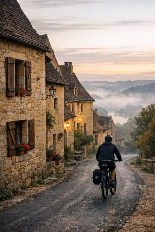 cyclist on winding road passing golden stone houses in medieval Dordogne village at dawn, soft mist over river and autumn woods