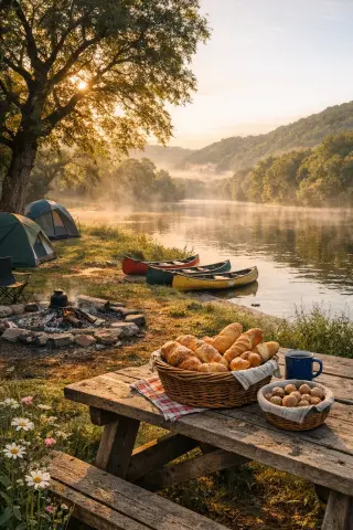 Early morning riverside campsite with tents, canoes, picnic basket, mist over Dordogne river, and oak trees nearby