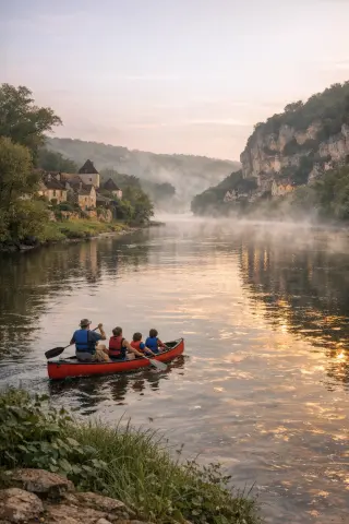 Family canoeing at dawn on the misty Dordogne River, lush green banks and stone houses in the background, authentic travel atmosphere.