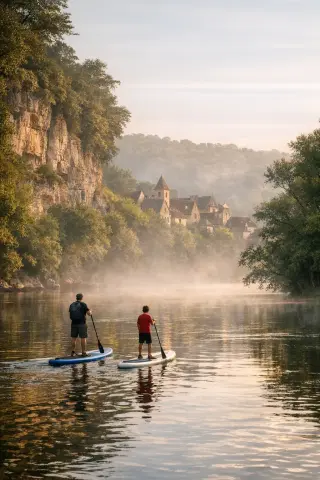 Two people stand up paddleboarding on a misty Dordogne river at dawn, limestone cliffs and lush greenery along the banks, soft golden light creating a serene atmosphere.