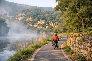 Cyclist riding along a riverside greenway surrounded by misty trees and stone houses near the Dordogne.