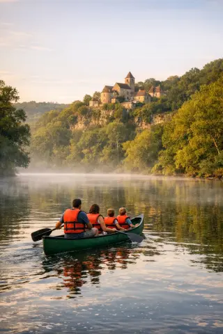 family paddling a canoe at dawn on the misty Dordogne river, with wooded banks and old stone village visible in the golden morning light