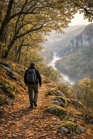 A lone hiker walking along a forest trail in autumn, dappled sunlight on oak leaves, with the Dordogne River and cliffs in the background