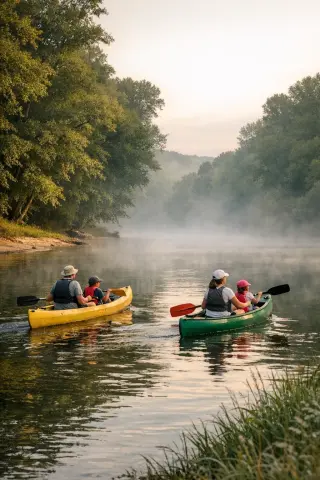 Family paddling canoes on the misty Dordogne River at dawn, lush green banks and soft light
