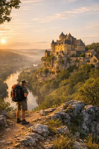 Château de Fénelon on a cliff at sunset above the Dordogne Valley, soft light highlighting stone walls and oak forest, with a lone hiker observing the view.