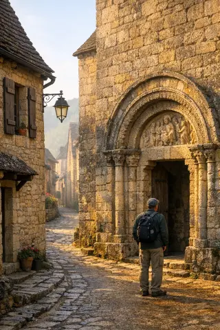 Narrow medieval street with blonde stone houses, wooden shutters, and a single walker in soft morning light near Veyrignac