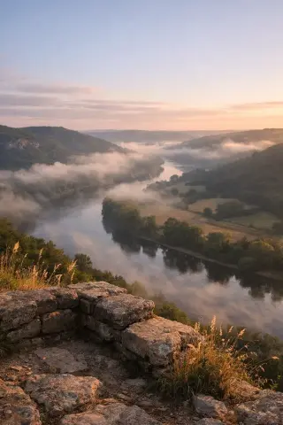Misty morning panorama of the Dordogne River winding through hills, seen from a rocky lookout, with golden light illuminating the landscape.