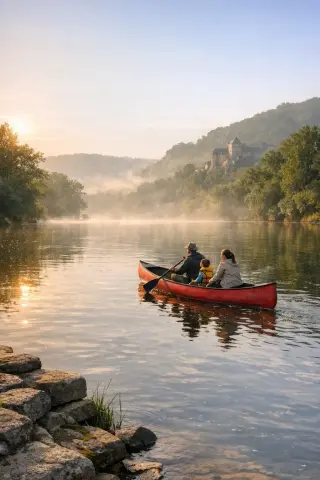 Family paddling a red canoe at dawn on a misty Dordogne river, soft sunlight, green banks, peaceful atmosphere