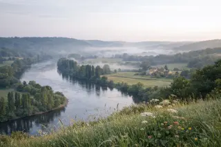 Mist rises at dawn over a wide bend in the Dordogne River, valley framed by wildflowers and fields, early sunlight catching distant stone rooftops.