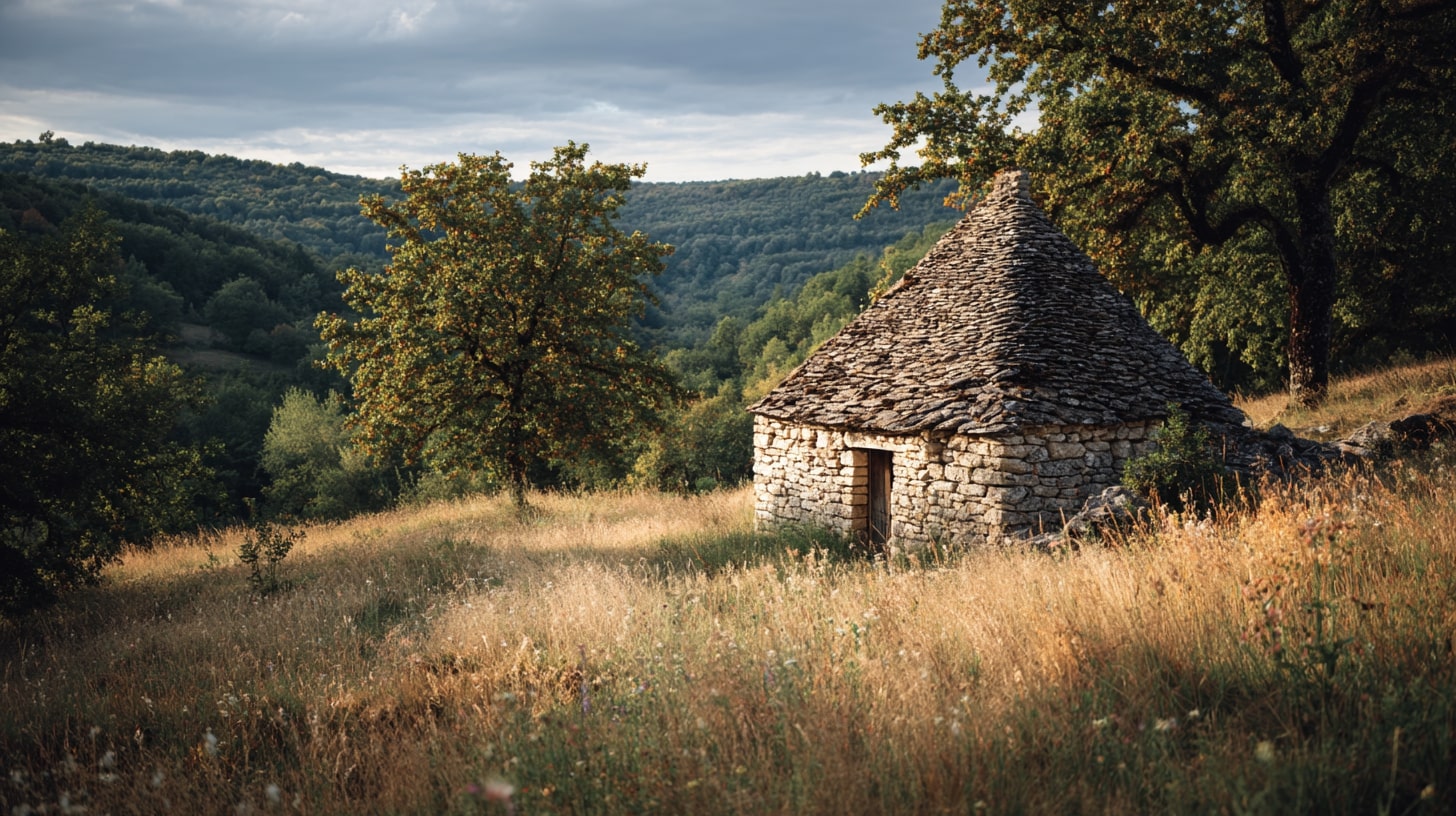 Bories en pierre sèche et panoramas sur la vallée de la Dordogne à Veyrignac